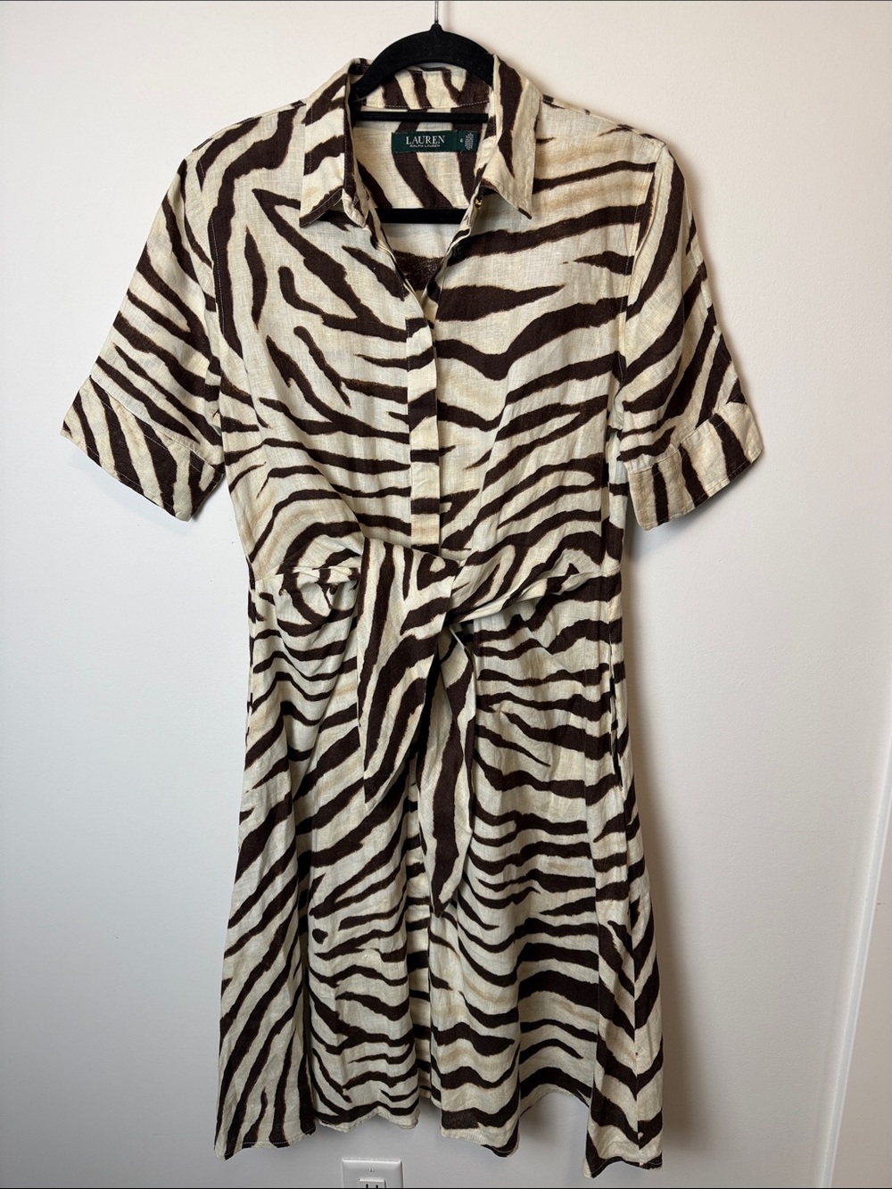 289. Lauren Ralph Lauren Zebra Print Linen Shirt Dress Size 6 - Picture 4 of 13